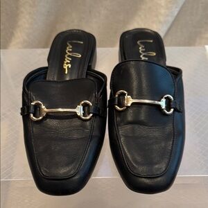Lulu's Black Leather Mules with Gold Hardware